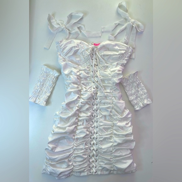 SUGAR THRILLZ DOLLS KILL WHITE BRIGHT BUDS RUCHED MINI DRESS GLOVES SET SMALL - Picture 6 of 6